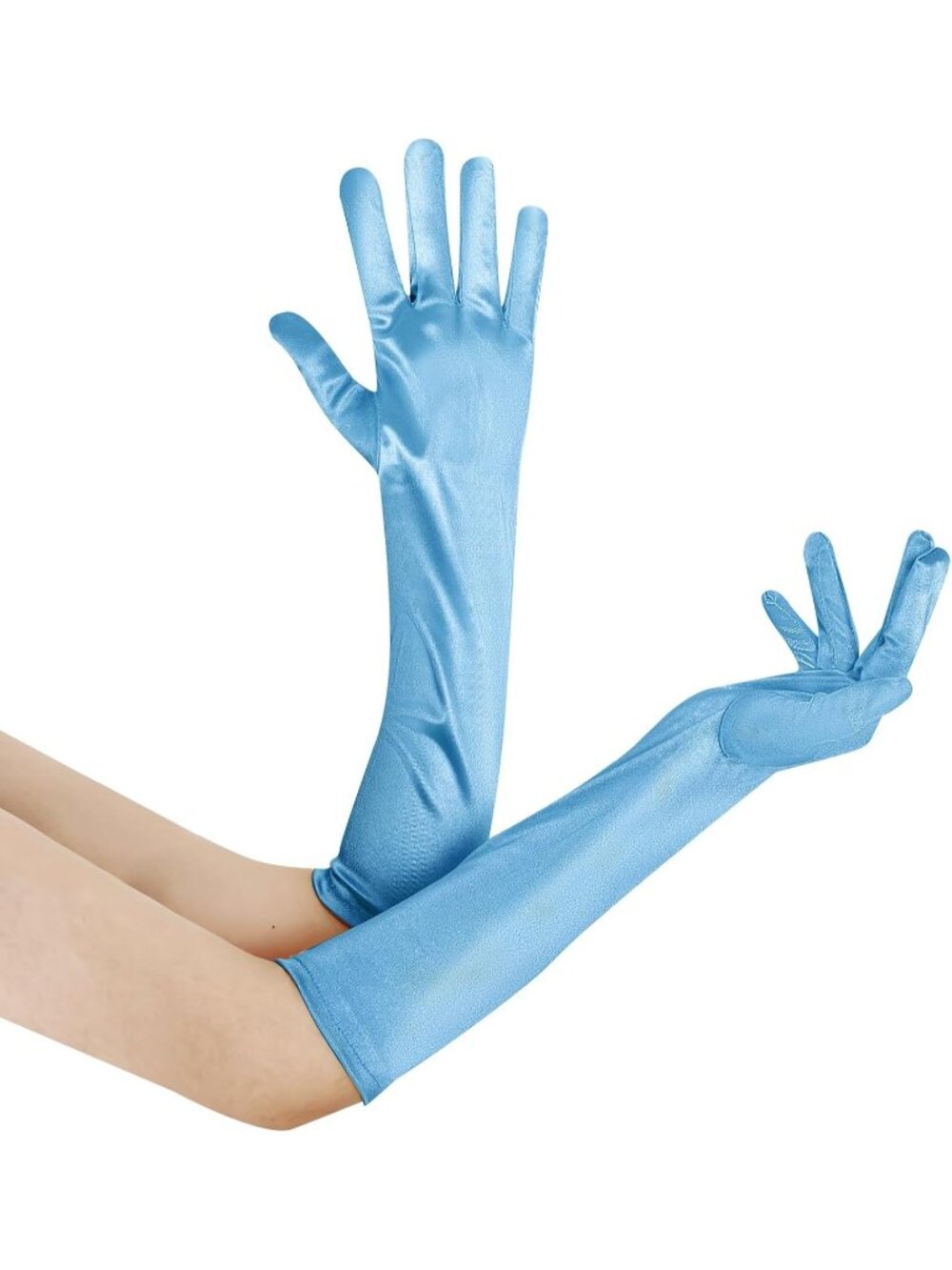 Women Light Blue Long Opera Party 20s Stretchy Elbow Length Classic Satin Gloves